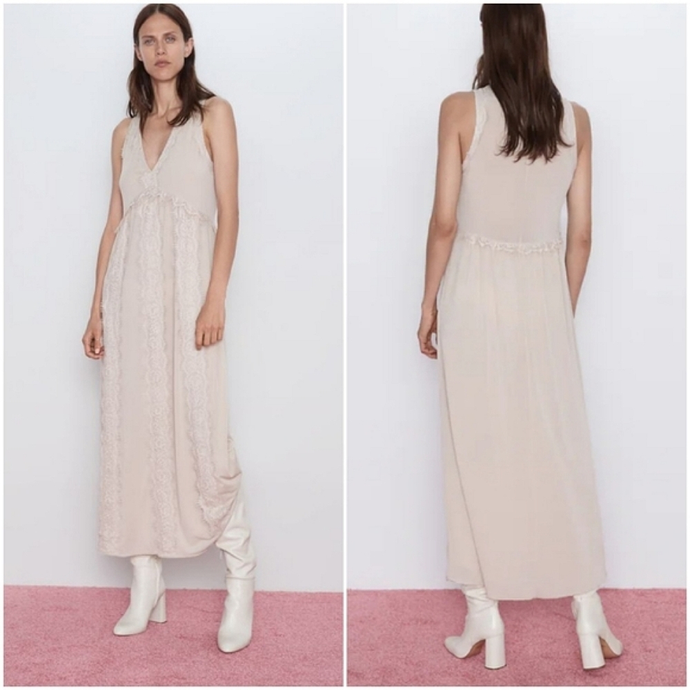 Zara contrasting lace camisole maxi dress neutral